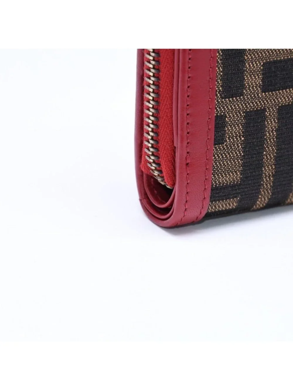 Fendi Compact Wallet Bifold Zucca Pattern Canvas Leather Brown Red Gold